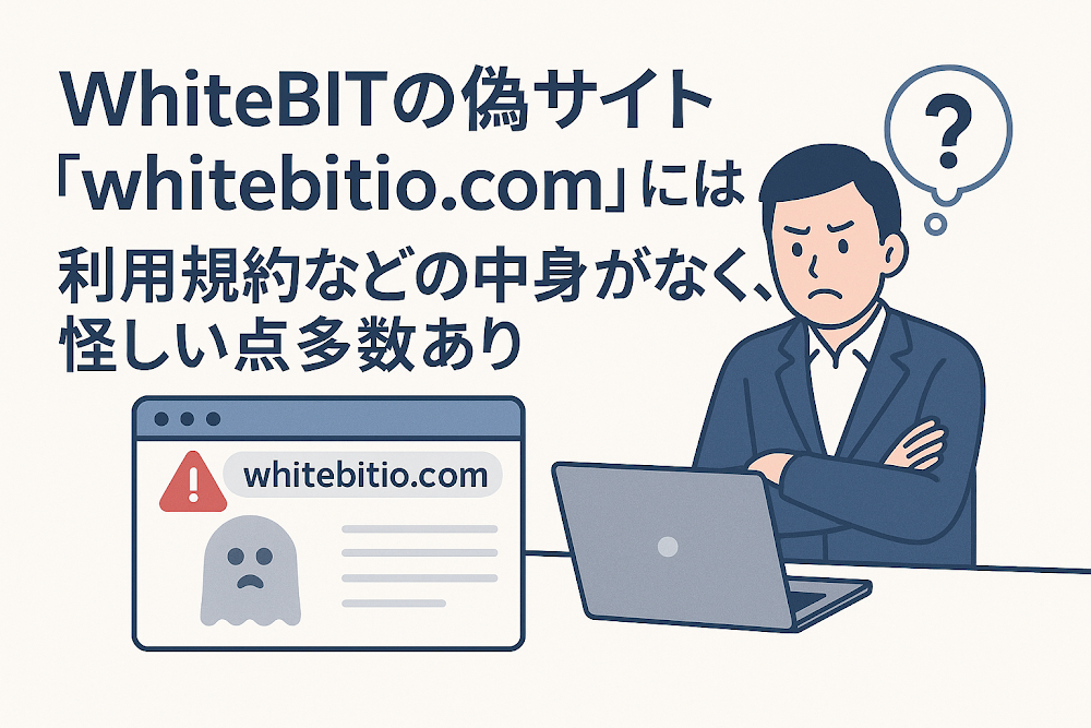 WhiteBITの偽サイト「whitebitio.com」には利用規約などの中身がなく、怪しい点多数あり