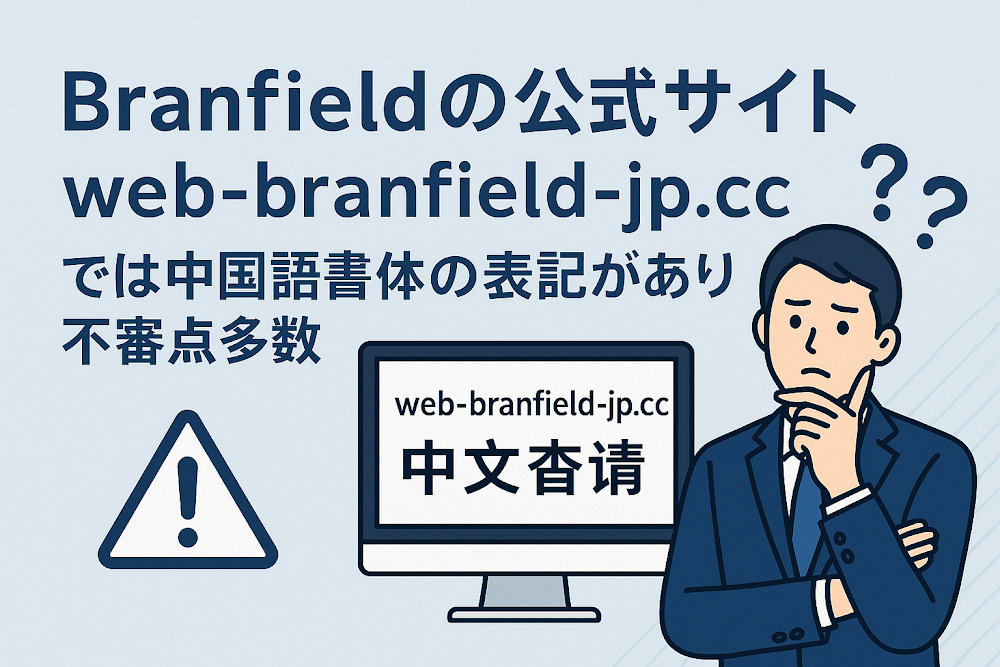 Branfieldの公式サイト「web-branfield-jp.cc」では中国語書体の表記があり不審点多数