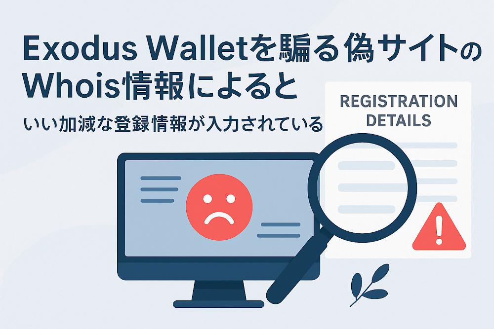 Exodus Walletを騙る偽サイトのWhois情報によると、いい加減な登録情報が入力されている