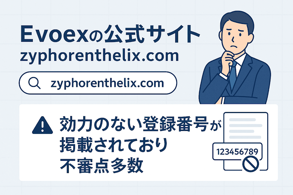 Evoexの公式サイト「zyphorenthelix.com」では効力のない登録番号が掲載されており不審点多数