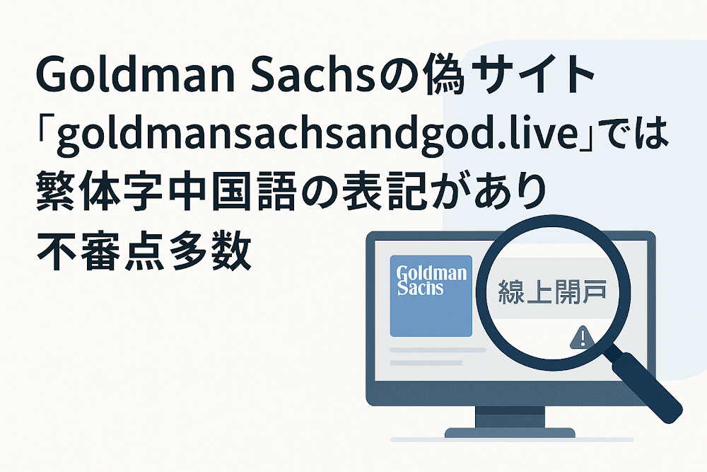 Goldman Sachs(ゴールドマン・サックス)の偽サイト「goldmansachsandgod.live」では繁体字中国語の表記があり不審点多数