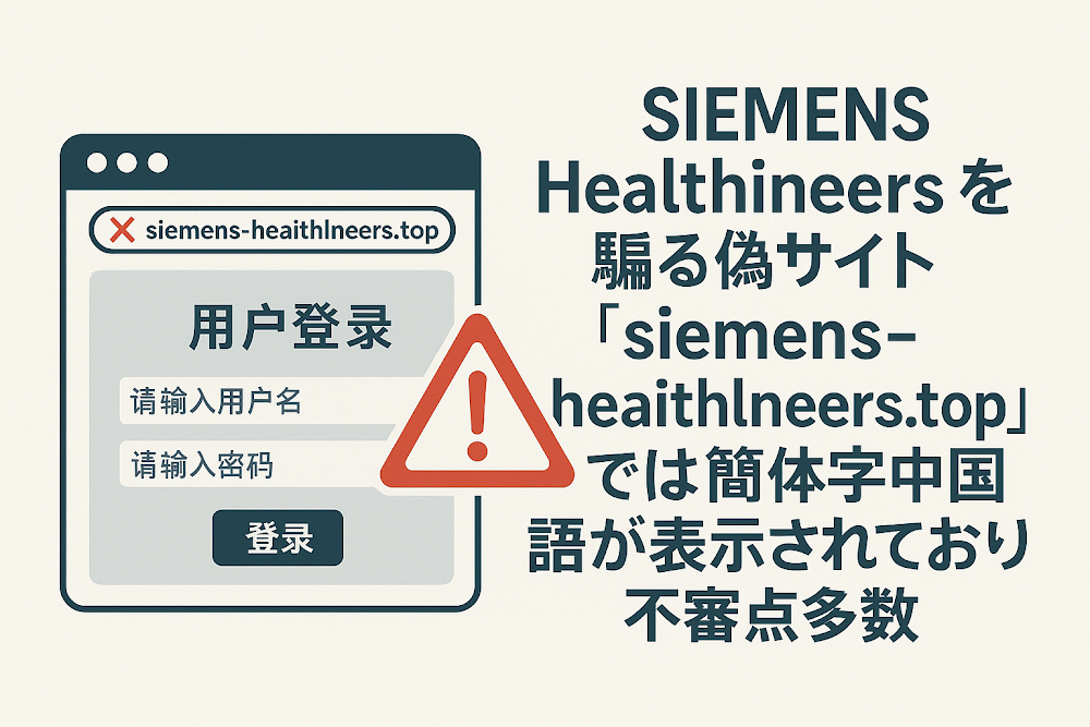 SIEMENS Healthineersを騙る偽サイト「siemens-heaithlneers.top」では簡体字中国語が表示されており不審点多数