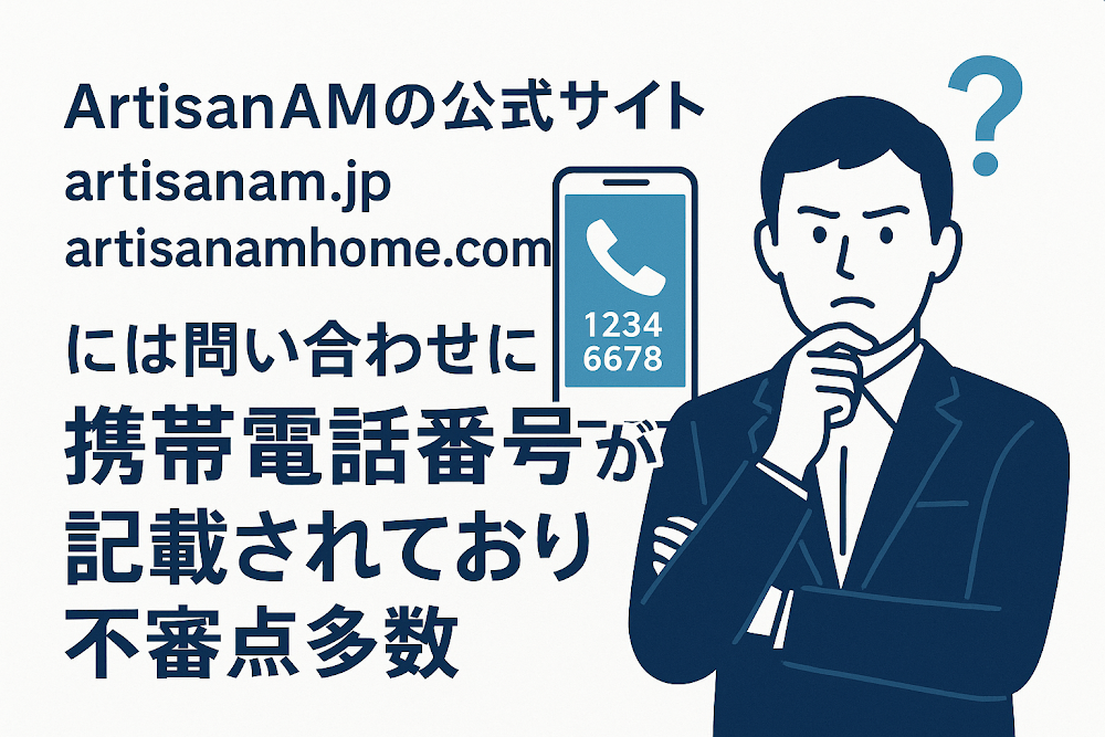 ArtisanAMの公式サイト「artisanam.jp」「artisanamhome.com」には問い合わせ先に携帯電話番号が記載されており不審点多数