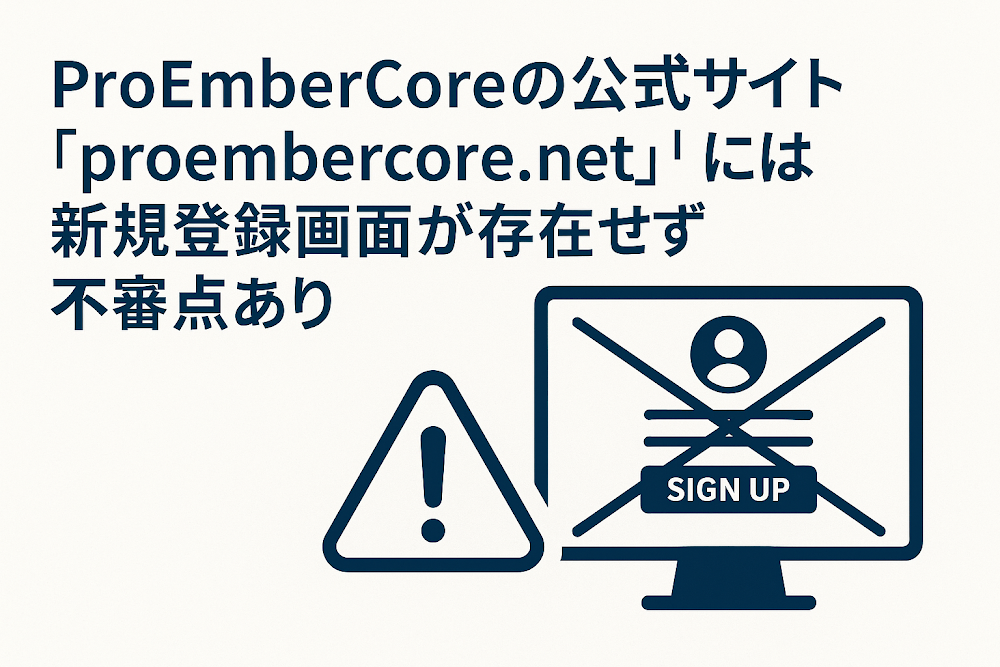 ProEmberCoreの公式サイト「proembercore.net」には新規登録画面が存在せず不審点あり