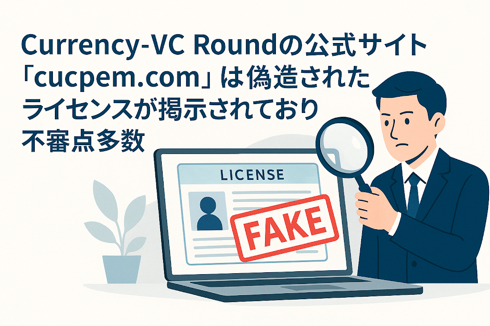 Currency-VC Roundの公式サイト「cucpem.com」は偽造されたライセンスが掲示されており不審点多数