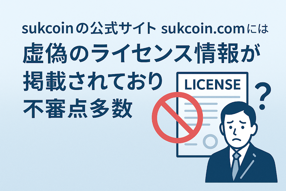 sukcoinの公式サイト「sukcoin.com」には虚偽のライセンス情報が掲載されており不審点多数