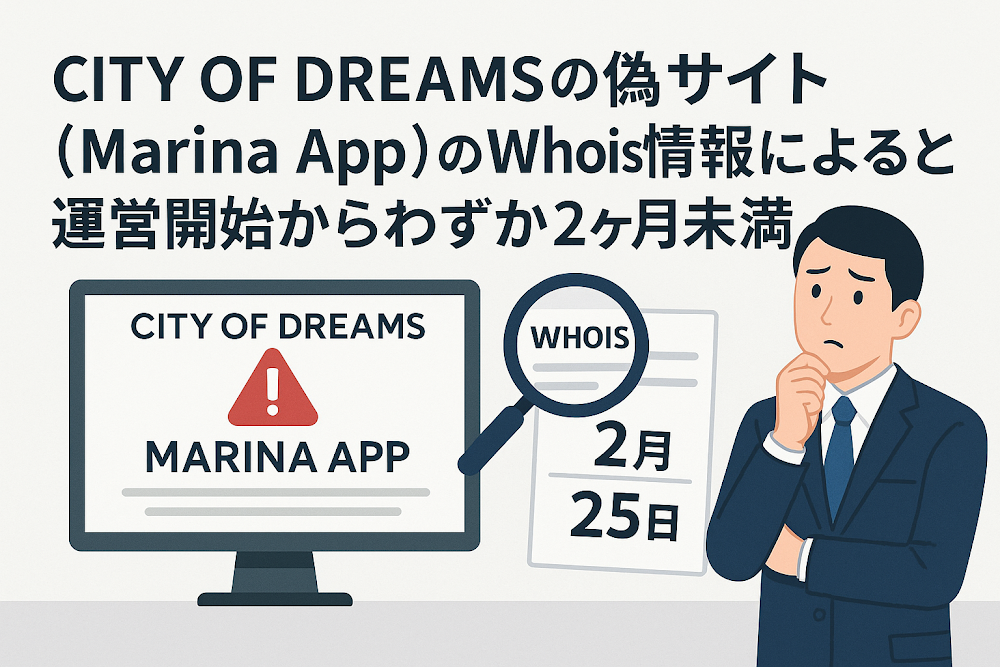CITY OF DREAMSの偽サイト(Marina App)のWhois情報によると運営開始からわずか2ヶ月未満
