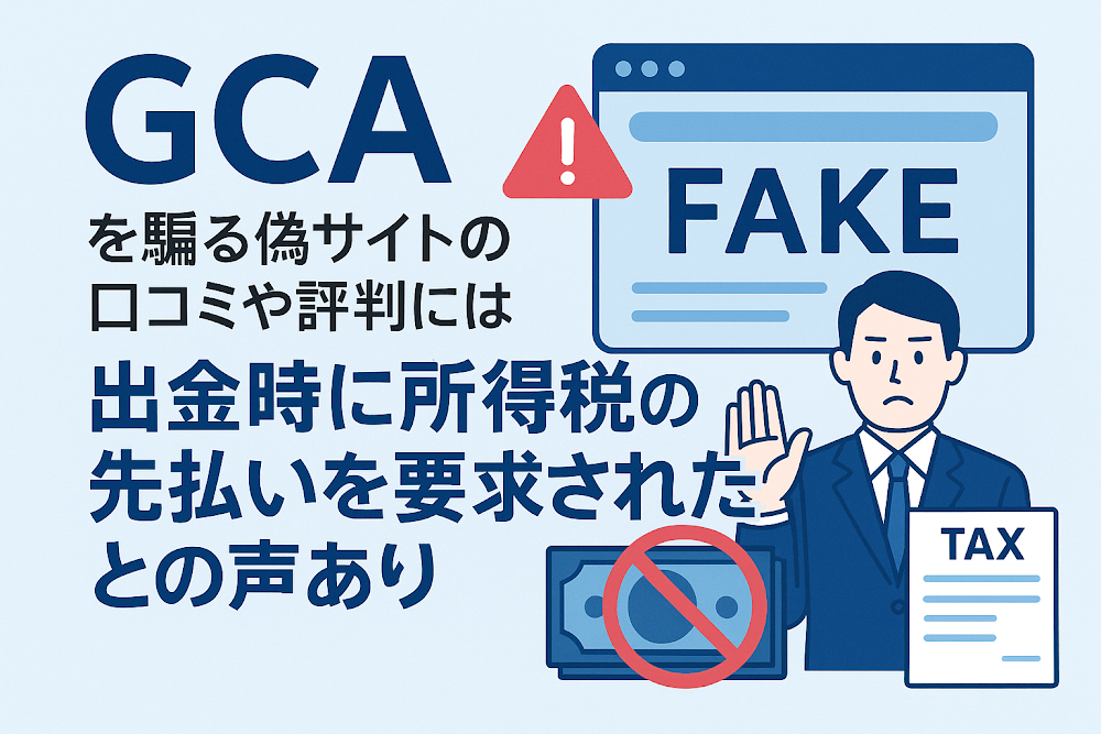 GCAを騙る偽サイトの口コミや評判には「出金時に所得税の先払いを要求された」との声あり
