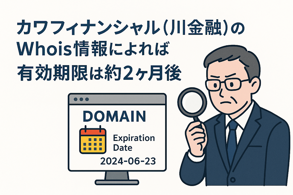 カワフィナンシャル（川金融）のWhois情報によれば有効期限は約2ヶ月後