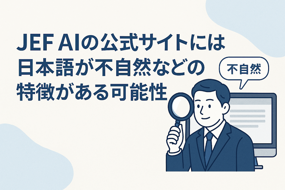 JEF AIの公式サイトには日本語が不自然などの特徴がある可能性