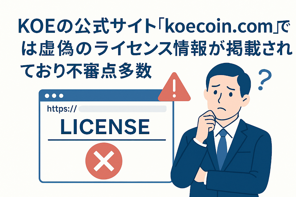KOEの公式サイト「koecoin.com」では虚偽のライセンス情報が掲載されており不審点多数