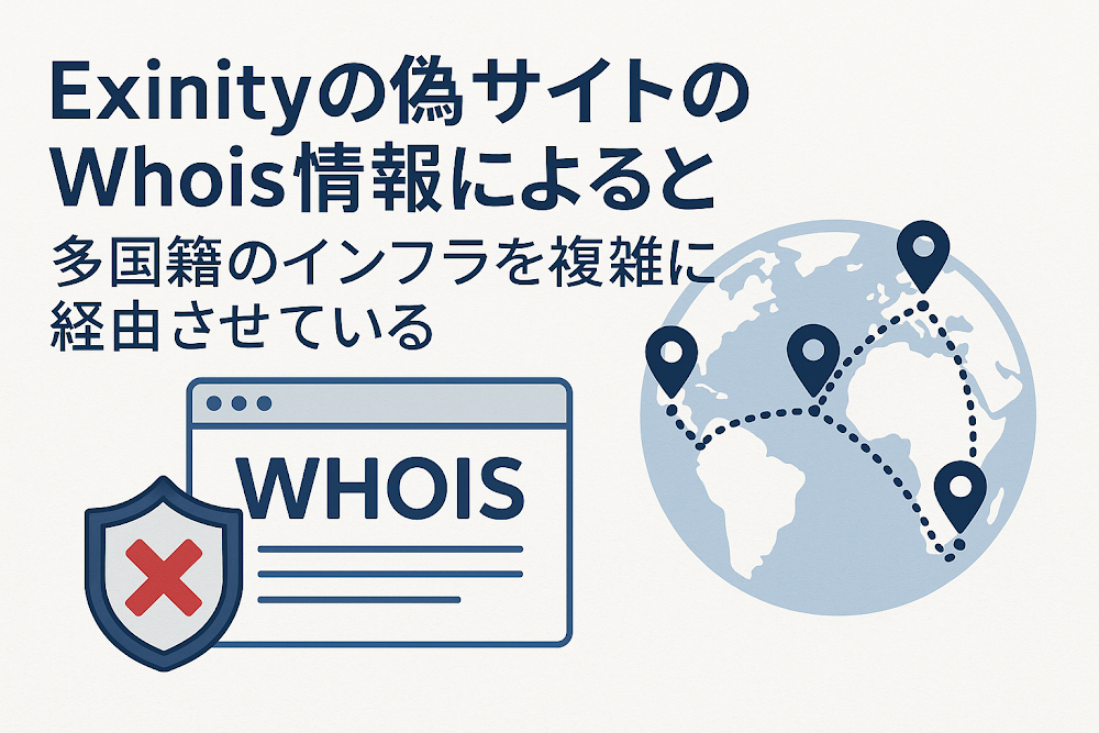 Exinityの偽サイトのWhois情報によると多国籍のインフラを複雑に経由させている