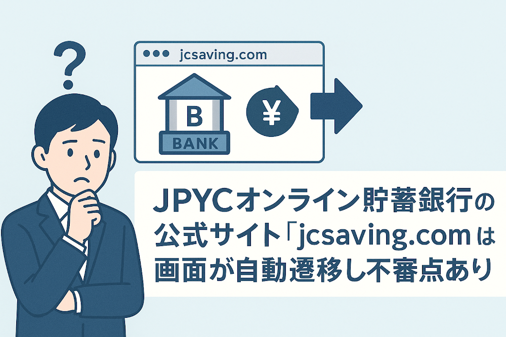 JPYCオンライン貯蓄銀行の公式サイト「jcsaving.com」は画面が自動遷移し不審点あり