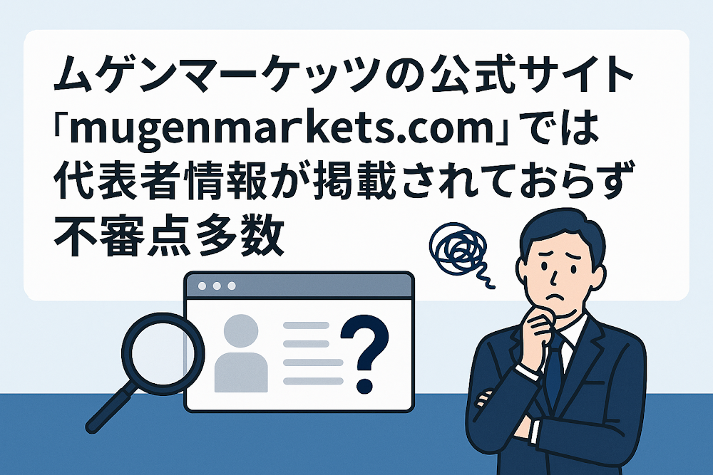 ムゲンマーケッツの公式サイト「mugenmarkets.com」では代表者情報が掲載されておらず不審点多数
