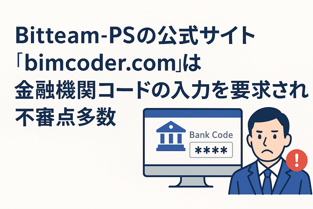 Bitteam-PSの公式サイト「bimcoder.com」は金融機関コードの入力を要求され不審点多数