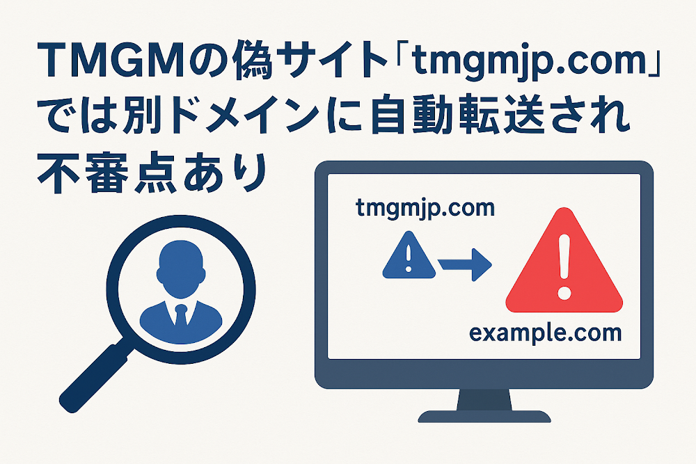TMGMの偽サイト「tmgmjp.com」では別ドメインに自動転送され不審点あり