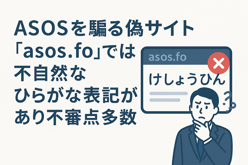 ASOSを騙る偽サイト「asos.fo」では不自然なひらがな表記があり不審点多数