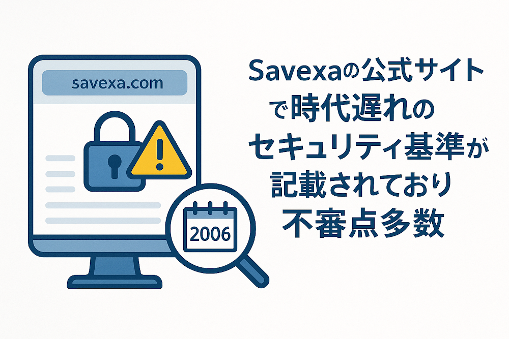 Savexaの公式サイト「savexa.com」では時代遅れのセキュリティ基準が記載されており不審点多数