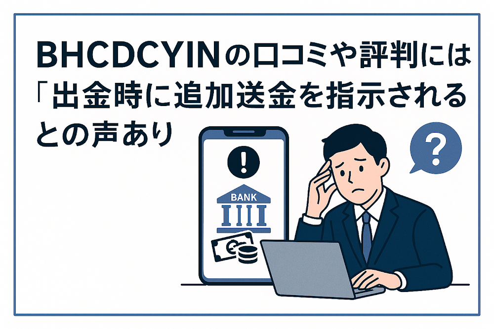 BHCDCYINの口コミや評判には「出金時に追加送金を指示される」との声あり