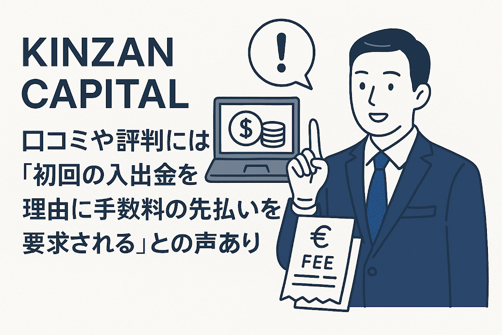 KINZAN CAPITALの口コミや評判には「初回の入出金を理由に手数料の先払いを要求される」との声あり