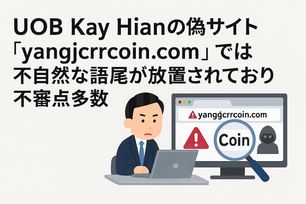 UOB Kay Hianの偽サイト「yangjcrrcoin.com」では不自然な語尾が放置されており不審点多数