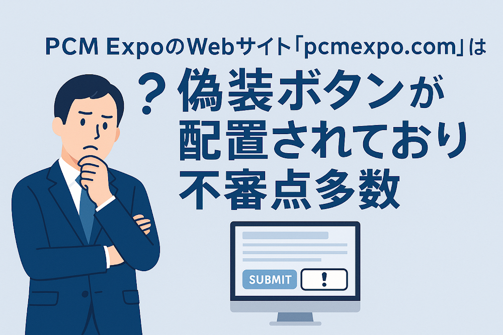 PCM ExpoのWebサイト「pcmexpo.com」では偽装ボタンが配置されており不審点多数