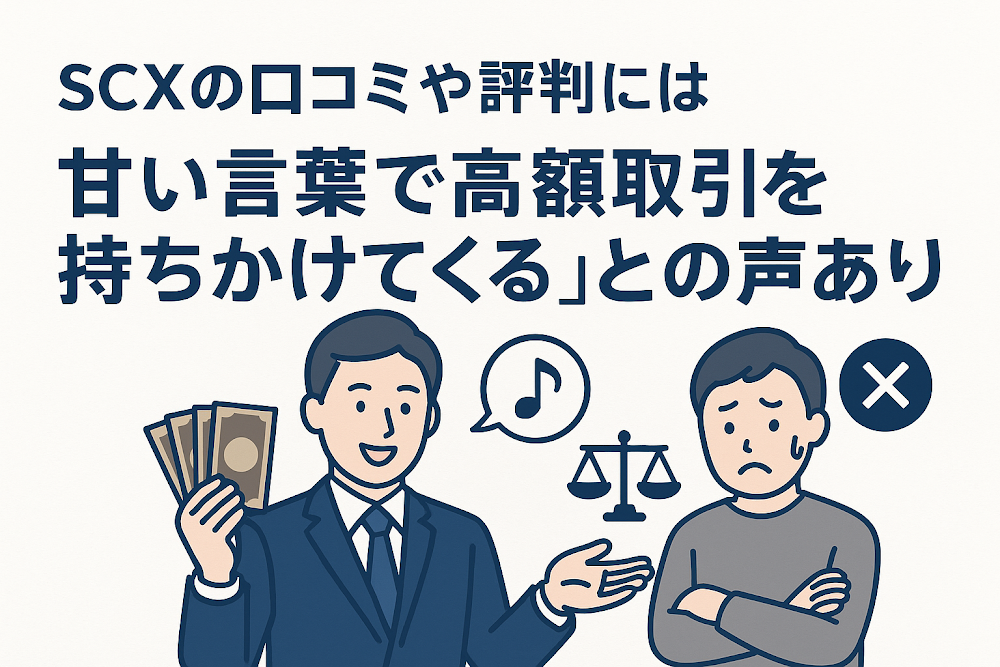 SCXの口コミや評判には「甘い言葉で高額取引を持ちかけてくる」との声あり