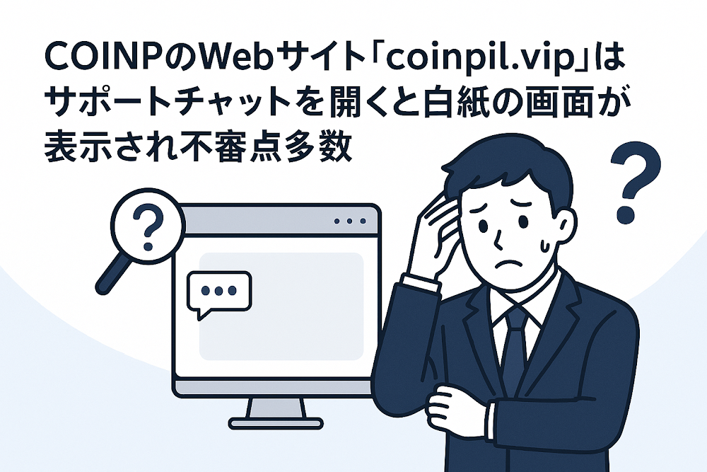 COINPのWebサイト「coinpil.vip」はサポートチャットを開くと白紙の画面が表示され不審点多数