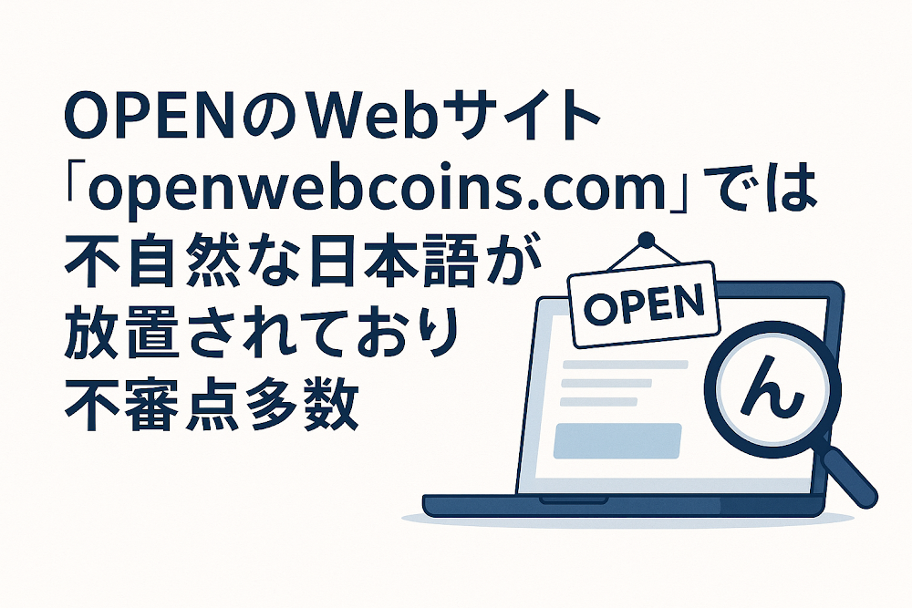 OPENのWebサイト「openwebcoins.com」では不自然な日本語が放置されており不審点多数