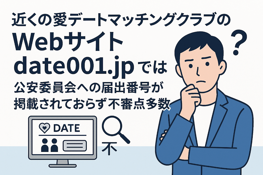 近くの愛デートマッチングクラブのWebサイト「date001.jp」では公安委員会への届出番号が掲載されておらず不審点多数